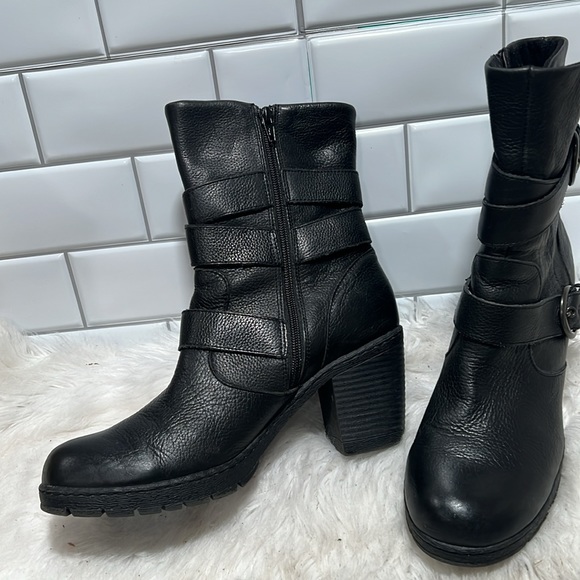 Born Pebbled Leather Mid Calf Heeled Moto Riding Boots Black chunky heel size 10 - Picture 2 of 10
